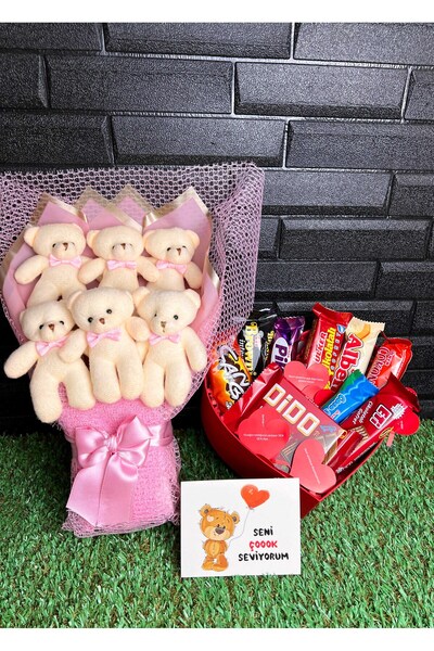 lenostra Ayıcık Buketi - Kalp Kutuda Aşk Sözleri Ve Çikolatalar - Sevgiliye H...