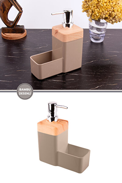 Flora Bambu Desenli Süngerli Mutfak Sabunluğu & Bulaşık Deterjanlığı, Akrilik Sıvı Sabun Deterjan Şişesi