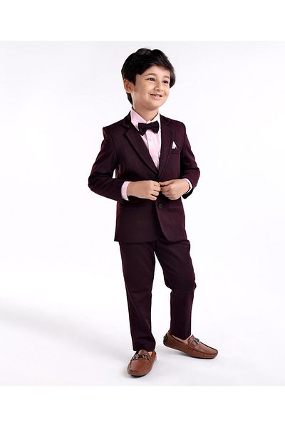 Babyhug Woven Full Sleeves Three Pieces Solid Colour Party Suit With Bow - Pink & Maroon