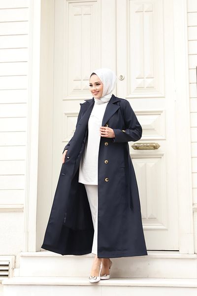 PİNK FLY Γυναικεία καμπαρντίνα χιτζάμπ Navy Blue Long - Διπλό στήθος με λαιμόκοψη και φόδρα