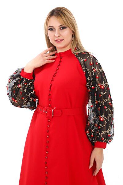 etselements Red Floral Print Tulle Evening Dress with Sleeve Belt - Button Detail 7060