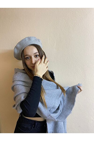 sema aksesuar New Year's Beret and Shawl Set - Gray French Painter, Plain Wide Scarf, Shoulder Shawl Gift