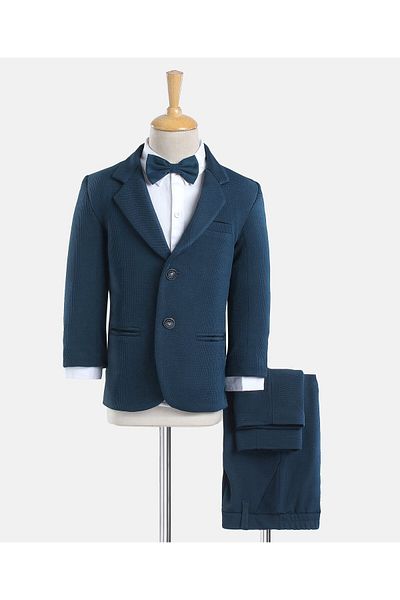 Babyhug Woven Full Sleeves Solid Party Suit with Bow Tie - Ocean Blue