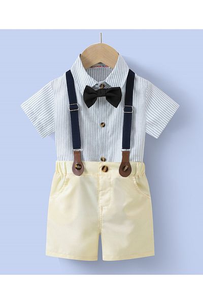 Kookie Kids Shirt with Bow and Pants with  Suspender Set - Blue & Pale Yellow