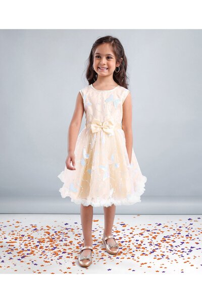 Babyhug Sleeveless Party Wear Mesh Frock With Sequin Embroidery & Bow Applique- Ivory