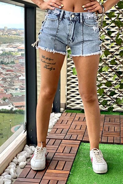 THE BARK Yandan Bağcıklı Mini Jean Kadın Şort 2076-891 Mavi