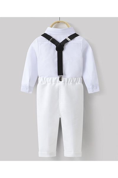Kookie Kids Solid Shirt & Trousers Set With Suspenders & Bow Tie - White