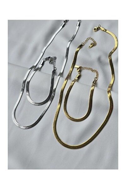 Doğaltaş Lazerizi 4'lü Unisex Kararmaz Yassı Gold+Gümüş İtalyan Zinciri Çelik...