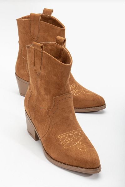 Afilli Tan Suede Women's Boots - Pointed Toe, Buckle, Western Style, Thick Low Heel