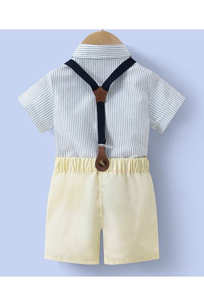 Kookie Kids Shirt with Bow and Pants with  Suspender Set - Blue & Pale Yellow