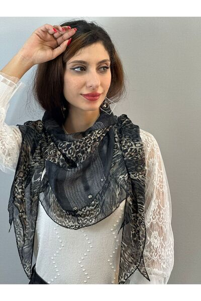 Gönülden Tasarım 180X45 Cm imprimeu leopard Eșarfă pentru femei cu volane Stone