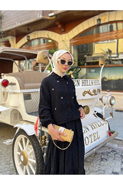 PİNK FLY Stone Detailed Floor-Length Scallop Hijab Set Black