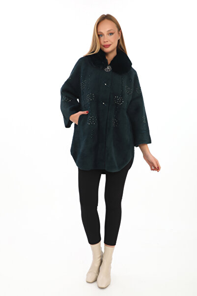 Angora Önü Taşlı Kürk Yaka Kısa Angora Kaban