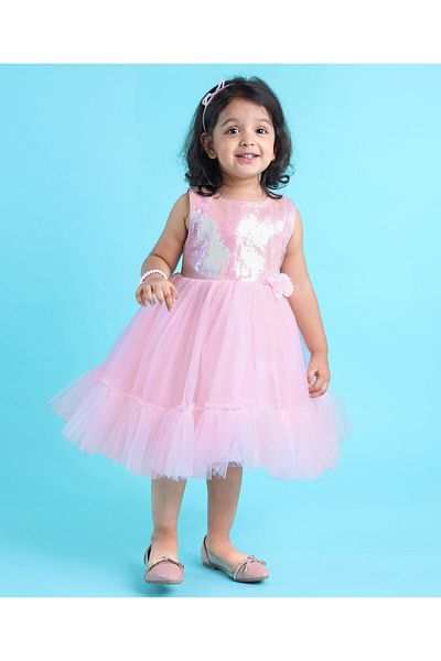 Babyhug Woven Sleeveless Sequined Party Dress with Bow Applique & Mesh Detailing - Pink