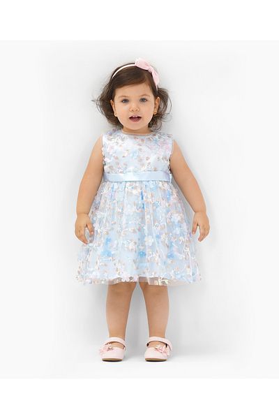 Bonfino Flower Applique Fit and Flare Party Wear Dress - Blue