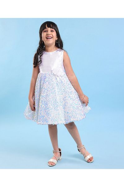 Babyhug Sleeveless Sequinned Fur Flare Party Frock with Floral Applique -White