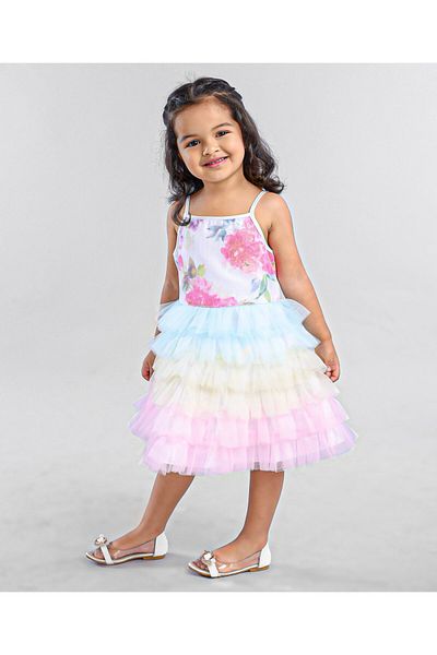 Babyhug Sleeveless Sequins Detailing Layered Party Frock - Multicolour