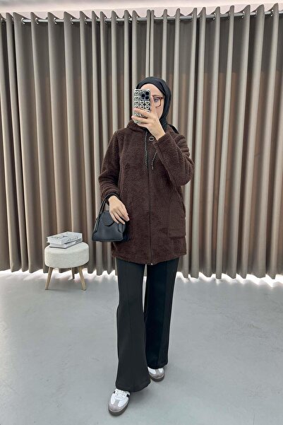 Sublime Butik Zippered Hooded Bitter Brown Plush Cardigan