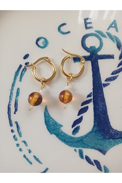 Mudita Tasarım 3 mm sedef , 8 mm ateş kehribar çelik küpe