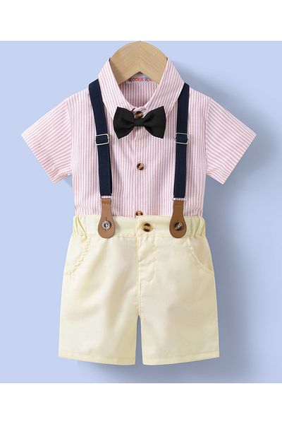 Kookie Kids Shirt with Bow and Pants with  Suspender Set - Pink & Pale Yellow