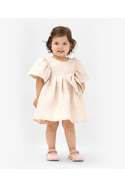 Bonfino فستان حفلات منسوج بأكمام نصفية وواسع مع تطريز زهري وعقدة - وردي