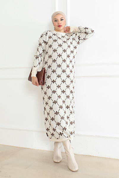 DESTEMODA Çiçek Detayli Desen Triko Elbise Taş Rengi 1024