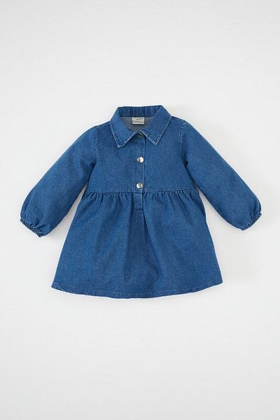 DeFacto Rochie de jeans pentru fetiță, cu gât polo, cu mânecă lungă, cu jumătate de nasture, D2030a524au