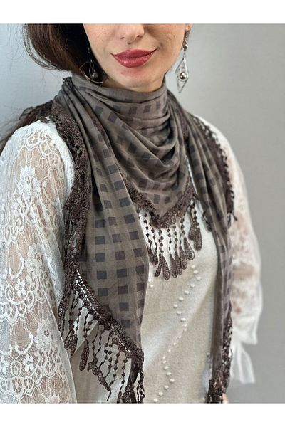 Gönülden Tasarım ДАМСКИ ШАЛ ОТ КАРИРАН ГИПЮР С РЕСНИ 150X45 СМ