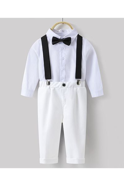 Kookie Kids Solid Shirt & Trousers Set With Suspenders & Bow Tie - White
