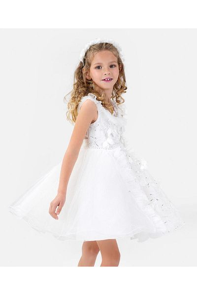Kookie Kids Butterfly Applique & Embellished Party Dress - White