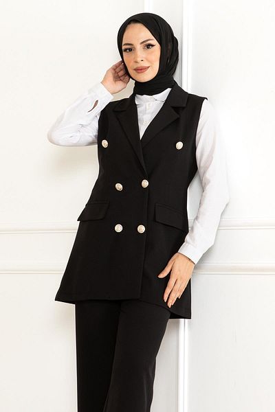 Modamihram Black Double Set - Button Detail, Model 19231