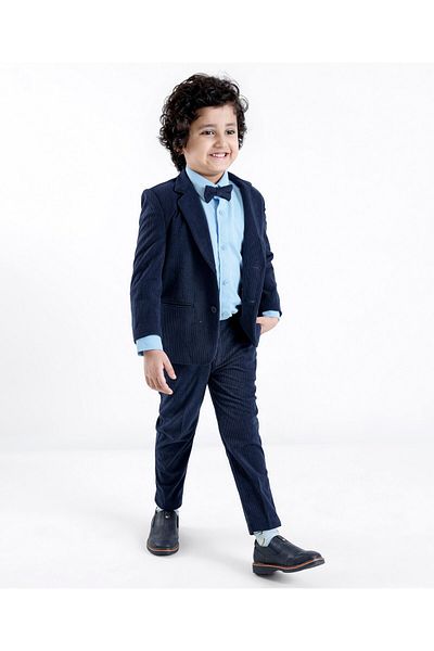 Babyhug Woven Full Sleeves Three Piece Solid Colour Party Suit with Bow - Navy Blue & Light Blue