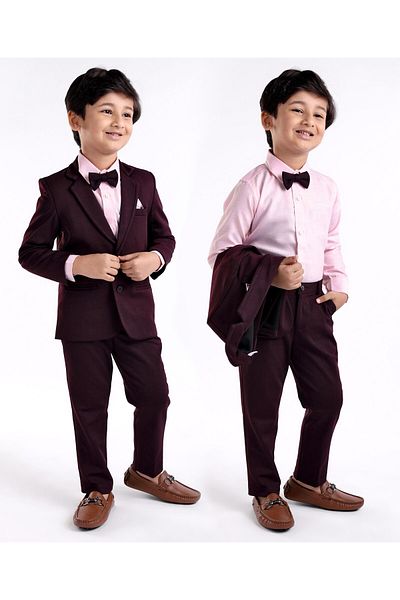 Babyhug Woven Full Sleeves Three Pieces Solid Colour Party Suit With Bow - Pink & Maroon
