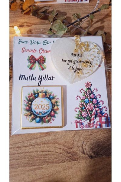 SevgiliAtolyemm New Year's Themed Card Chocolate (with Key Chain Gift) 5 Pieces New Year's Christmas Gifts