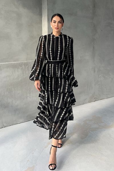 Seda Yalçın Atelier Black Valon Floral Print Stripe Detailed Layered Dress