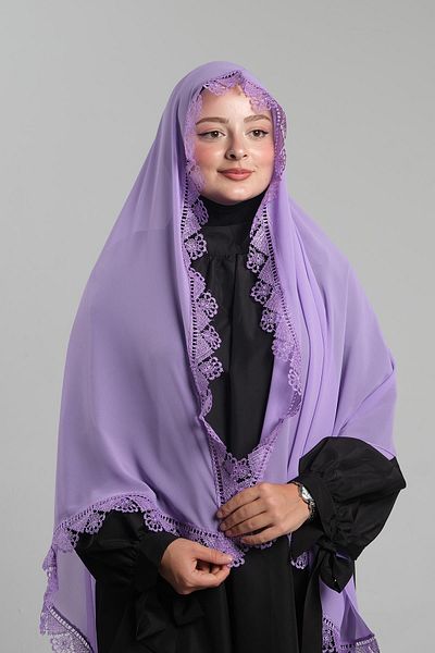 HÜRREM BONE 202106 _22 Purple Chiffon Laced Prayer Hijab - Shawl