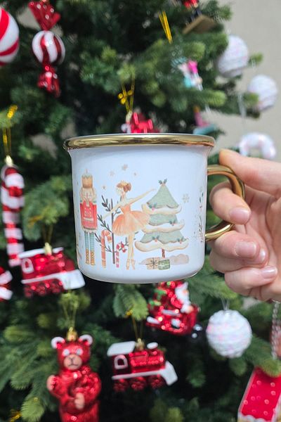 PEKSHOP Gold Lead Soldier and Ballerina Christmas Gift Mug with Handles and Bordered Leaf - Barda