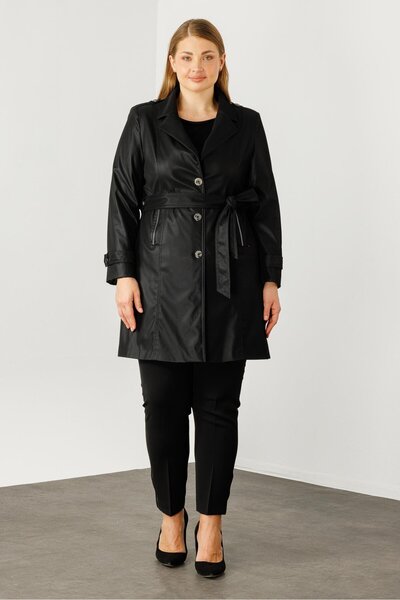Moda İlgi Modailgi  Düğme Kapamalı Uzun Deri Trençkot Siyah