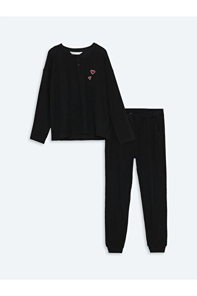 LC Waikiki LCW DREAM Siyah Bisiklet Yaka Nakışlı Kadın Pijama Takımı