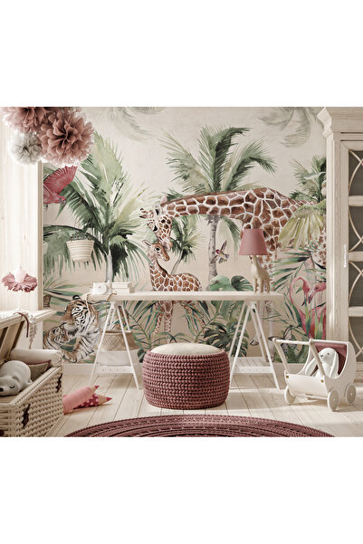 Tasarım Safari Hayvanlar Tropikal Ağaçlar Zürafa Kaplan Flamingo ve Kuşlar Duvar Kağıdı