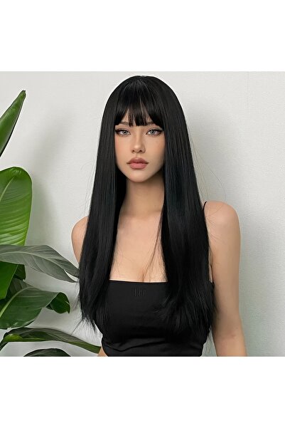 REMY HAİR Siyah Düz Kahküllü Uzun Fiber Sentetik Peruk