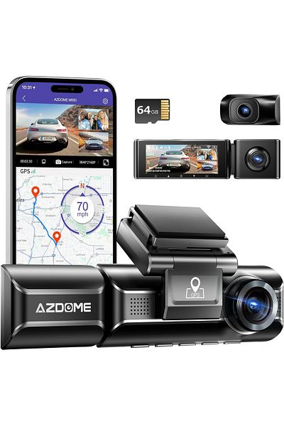 AZDOME 3 Channel Dash Cam M550, Built-in WiFi GPS, 2K+1080P+1080P Front, Rear & Cabin 64GB Card Included