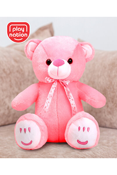 PlayNation لعبة دب ناعمة من بلاي نايشن مع فيونكة باللون الوردي - 33 سم