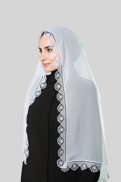 HÜRREM BONE White Prayer Headscarf Shawl Chiffon Laced202106_42