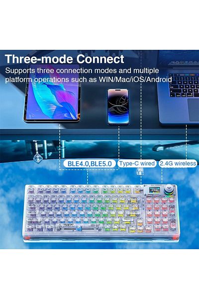 Aula F98 PRO 95% Tri-Mode RGB Wireless Mechanical Gaming Keyboard, Crystal Switches with OLED Screen
