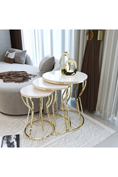 Puklife C Kum Saati 3'lü Zigon Sehpa Takımı Gold Ayak Krem Mdf