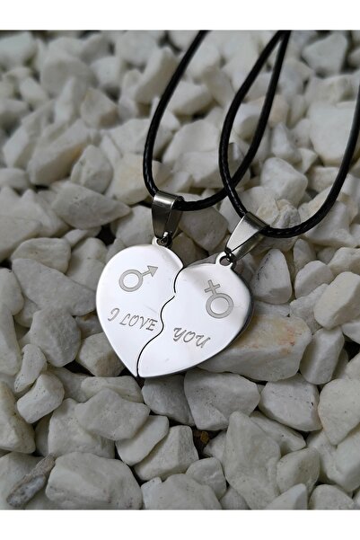 Esey Dizayn Çift Kalpli Çelik Kolye - Kız Erkek Sevgililer için I LOVE Yazılı...