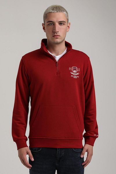 NEW WORLD POLO Stand Collar Claret Red Slim Fit Sweatshirt 24Fwm60198