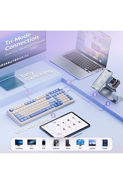 Aula S99 Keys Tri-Mode with Media Knob Programmable Membrane Computer RGB Wireless Creamy Gaming Keyboard