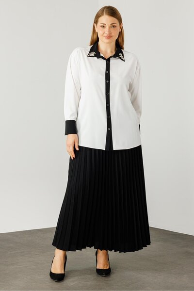 Moda İlgi Modailgi  Yakası Taş İşlemeli Enkürüsteli Gömlek Ekru